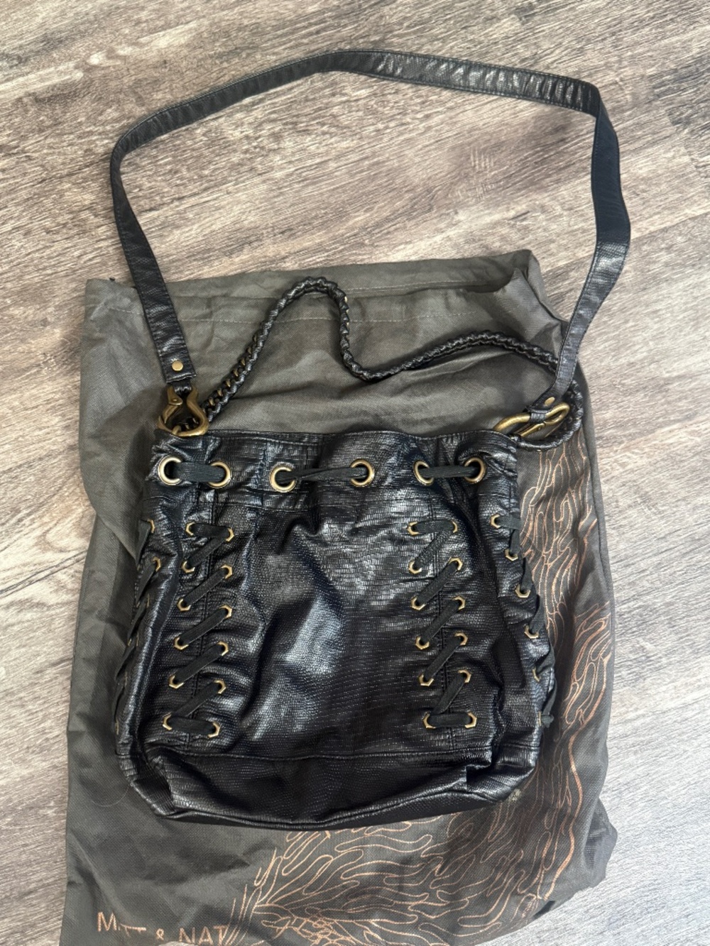 Matt & Nat Vegan Leather Textured Bucket Bag Chain Lace Up Detail